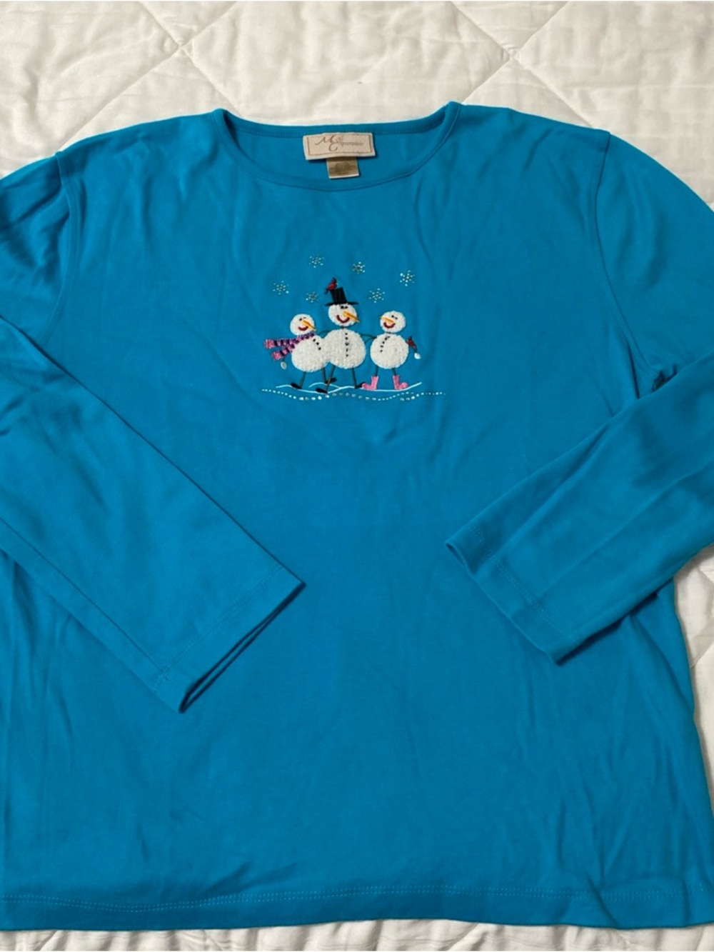 Blue Turquoise Snowman Embroidered Long Sleeve Tee XL